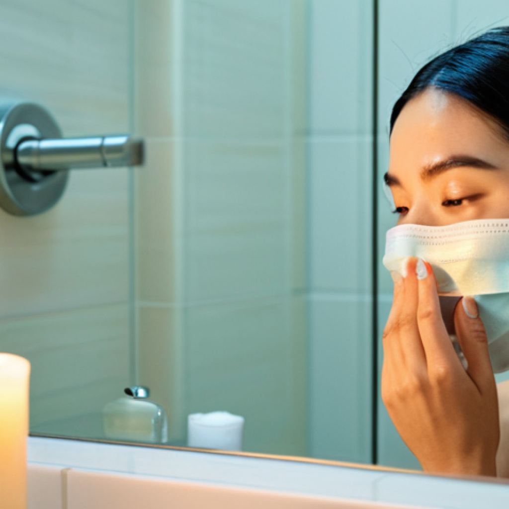 콜라겐 페이셜 팩 사용법 - **Prompt:** A woman with radiant skin applies a collagen face mask in a serene bathroom setting, sof...