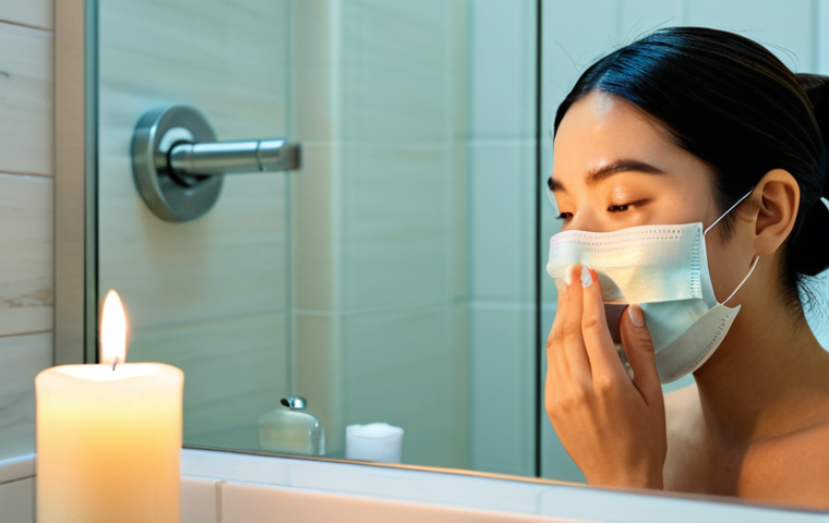 콜라겐 페이셜 팩 사용법 - **Prompt:** A woman with radiant skin applies a collagen face mask in a serene bathroom setting, sof...