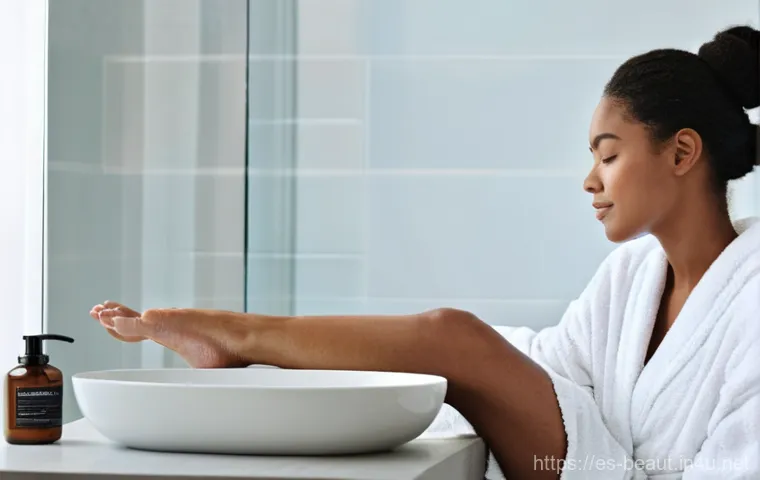 왁싱 스트립과 필오프 왁스 사용법 - **Prompt: Relaxed Pre-Waxing Ritual: Skin Cleansing and Preparation**
    "A confident woman, appear...