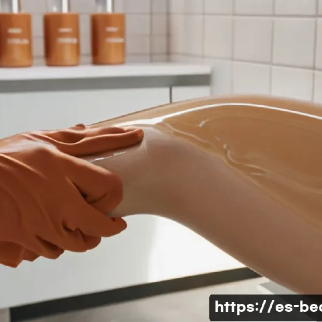 비건 왁싱 제품 브랜드 비교 - 8), 35mm perspective, macro texture detail on the semi‑melted wax showing glossy, slightly viscous s...