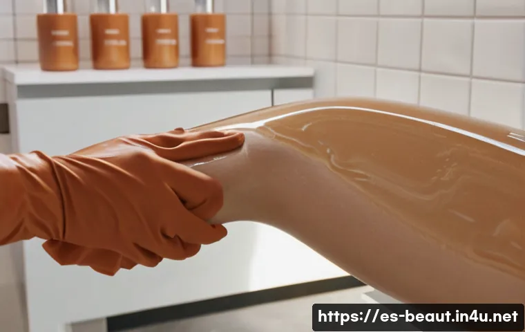 비건 왁싱 제품 브랜드 비교 - 8), 35mm perspective, macro texture detail on the semi‑melted wax showing glossy, slightly viscous s...