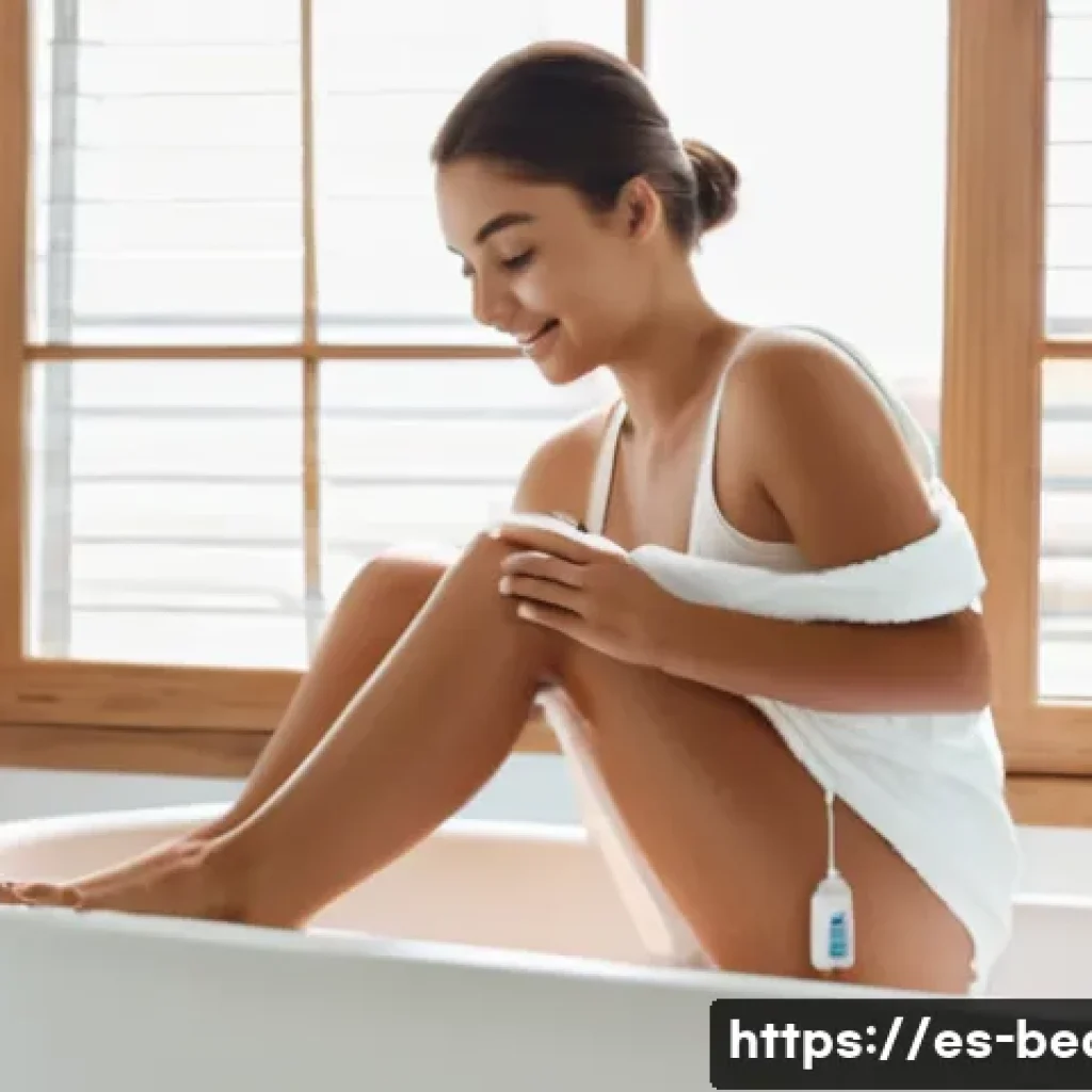 제모 크림과 왁싱 스트립 비교 - A bright, clean bathroom scene showing a young adult woman with smooth, lightly tanned skin applying...