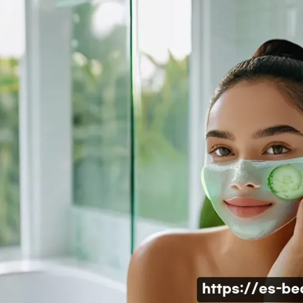 하이드로겔 마스크팩 효과 비교 - A close-up portrait of a young Hispanic woman with clear, hydrated skin wearing a translucent hydrog...