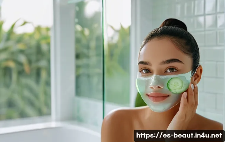 하이드로겔 마스크팩 효과 비교 - A close-up portrait of a young Hispanic woman with clear, hydrated skin wearing a translucent hydrog...