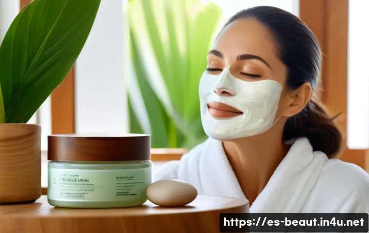 탄력 있는 피부를 위한 마스크팩 추천 - A serene and elegant spa scene featuring a mature Hispanic woman in her 40s wearing a white facial m...