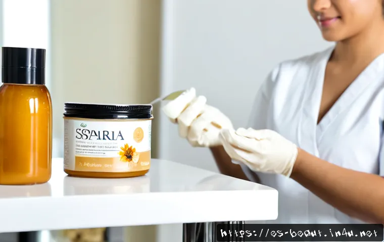 Home 17 바디 전용 왁스와 얼굴 왁스 차이 - Photorealistic beauty salon comparison scene, a Hispanic esthetician in clean gloves arranging two c...