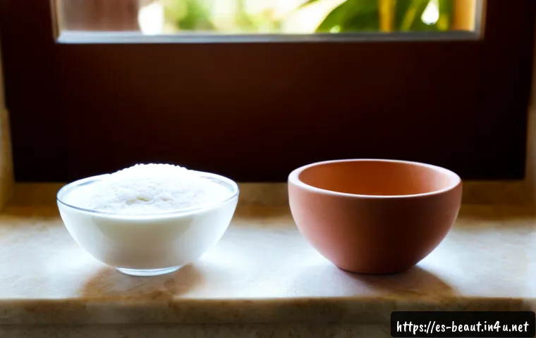 워시오프 마스크팩과 필오프 팩 비교 - Photorealistic skincare comparison scene in a bright Mediterranean-style bathroom, two unbranded gla...